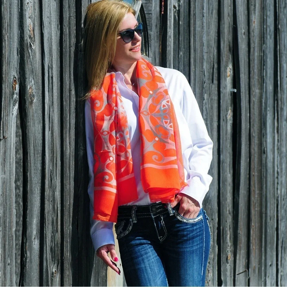 Anne Touraine Paris XL silk chiffon scarf- Versailles tangerine 54x54 retail$280